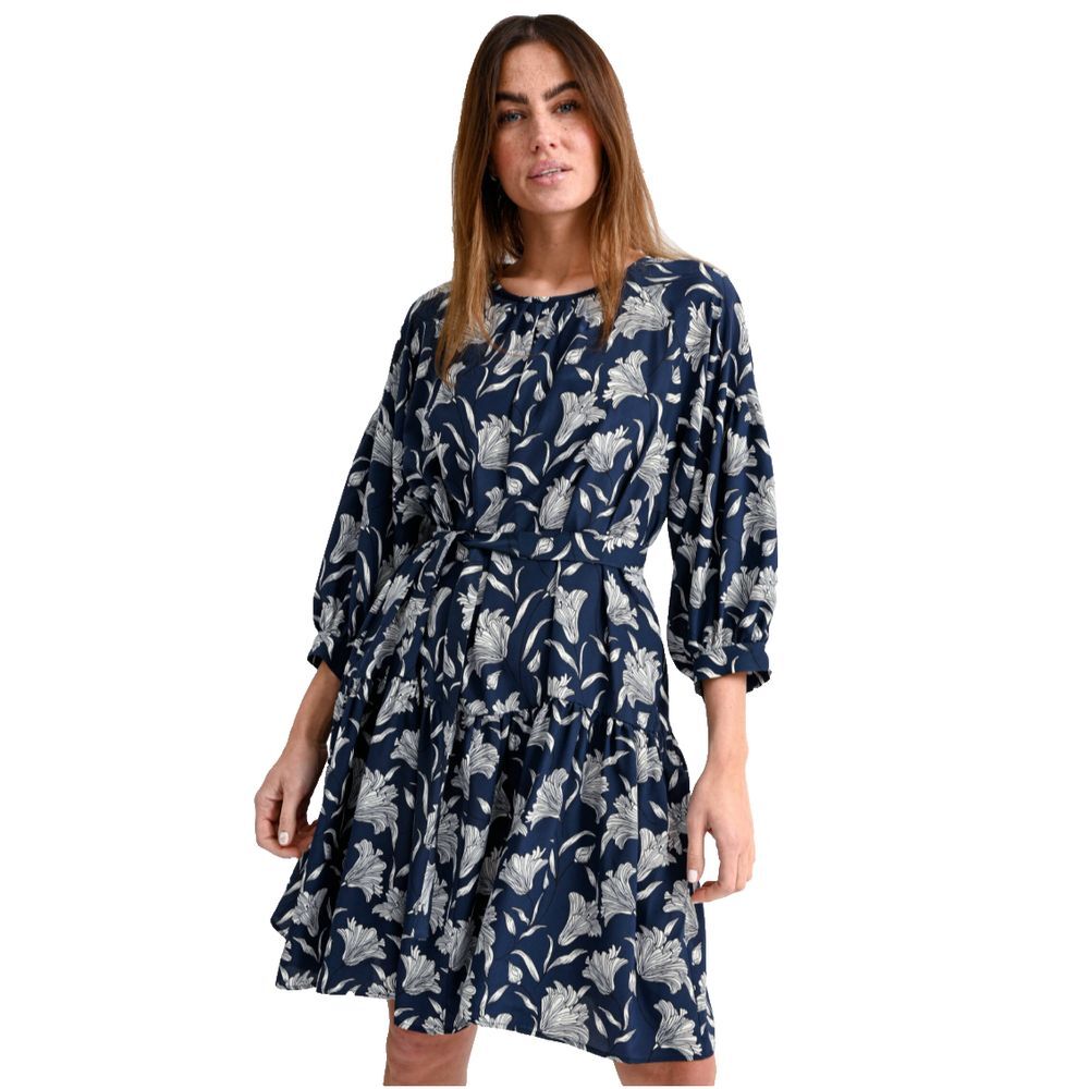 Weekend Max Mara Margie Silk Tiered Floral Navy Belted‎ Dress Size 6